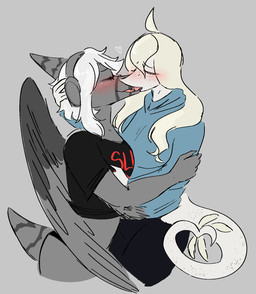 ahoge anthro black_clothing black_crop_top black_panties black_shirt black_t-shirt black_topwear black_underwear blonde_hair blue_clothing blue_hoodie blue_topwear blush blush_lines clothing crop_top duo elbow_feathers electronics eyes_closed feathered_wings feathers female female/female freckled_face freckled_tail freckles grey_background grey_body grey_feathers grey_hair grey_scales hair headphones hoodie kissing long_hair long_tail making_out midriff panties scales shirt short_tail simple_background t-shirt tail tail_tuft topwear tuft underwear wings scaredofbunnies cavemanon_studios puppet_pals snoot_game ashley_morgan fan_character judee dinosaur prehistoric_species pterodactylus pterosaur reptile saurischian scalie theropod troodon troodontid 2026 digital_drawing_(artwork) digital_media_(artwork) hi_res