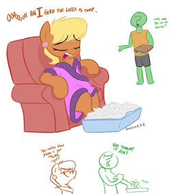 ?_face blonde_hair dialogue duo ear_piercing eating eyes_closed female food foot_bath furniture hair male mature_female piercing pizza sitting smile sofa text shoutingisfun friendship_is_magic hasbro my_little_pony anon ms._harshwhinny_(mlp) earth_pony equid equine horse human mammal pony english_text