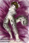 breasts copyright_symbol female genitals leopard_spots lying nude on_back pussy solo spots symbol tail onigrift inquis_(character) felid leopard mammal pantherine snow_leopard