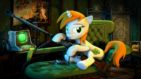 alternate_universe female feral gun horn looking_at_viewer question_mark ranged_weapon rifle smile solo weapon mynokiarules fallout fallout_equestria hasbro microsoft my_little_pony mythology fan_character littlepip equid equine mammal mythological_creature mythological_equine unicorn 16:9 2014 3d_(artwork) absurd_res crossover digital_media_(artwork) hi_res widescreen