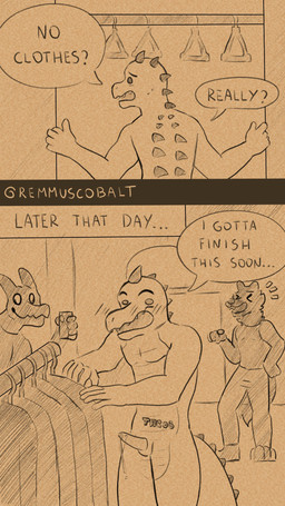 dialogue embarrassed embarrassing_nudity erection exhibitionism genitals group humiliation low_contrast male male/male mall nude penis public text remmus_cobalt alligator alligatorid crocodilian reptile scalie 9:16 comic english_text hi_res monochrome