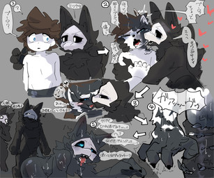 4_fingers 5_fingers anthro biped bite black_body black_fur black_pawpads black_sclera blue_eyes blush bodily_fluids bottomwear brown_hair chest_tuft claws clothed clothed_human clothing dialogue digitigrade directional_arrow drooling duo_focus fingers front_view fur fur_growth glowing glowing_eyes group growth hair heart_pupils heart_symbol holding_another human_to_anthro kissing kneeling looking_at_another looking_pleasured male male_anthro mask motion_lines narrowed_eyes nude nude_anthro one_eye_closed open_mouth open_smile pawpads paws saliva sharp_teeth shorts smile snout snout_growth species_transformation speech_bubble standing sweat tail tail_growth tears teeth text thought_bubble three-quarter_view tongue tongue_out topless topless_human topless_male torn_bottomwear torn_clothing torn_shorts transformation transformation_sequence trio tuft white_eyes netchy_boo changed_(video_game) lin_(changed) puro_(changed) canid canine canis dark_latex human mammal wolf 2024 6:5 colored hi_res japanese_text translation_request