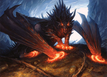 axe claws feral glowing glowing_claws glowing_eyes horn melee_weapon membrane_(anatomy) membranous_wings scales solo sword tail weapon wings chris_rahn hasbro magic:_the_gathering mythology wizards_of_the_coast avaricious_dragon dragon mythological_creature mythological_scalie scalie 2014 official_art