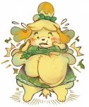 anthro blush clothed clothes_bursting clothing exclamation_point female obese obese_anthro obese_female overweight overweight_anthro overweight_female simple_background solo fuzzywooly animal_crossing nintendo isabelle_(animal_crossing) canid canine canis domestic_dog mammal shih_tzu toy_dog 2019 digital_media_(artwork)