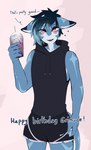 anthro beverage blue_body femboy holding_beverage holding_object looking_at_viewer male non-mammal_ears non-mammal_hair orange_eyes simple_background smile solo sportswear text kakhao grimace_shake mcdonald's derio_(kakhao) fish marine shark absurd_res english_text hi_res meme