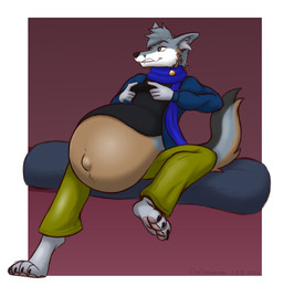 anthro belly big_belly border brown_body brown_fur clothed clothing controller fur green_eyes grey_body grey_fur grey_inner_ear_fluff holding_controller holding_object inner_ear_fluff jacket male navel outie_navel pawpads pink_pawpads pregnant pregnant_anthro pregnant_male raised_clothing raised_shirt raised_topwear scarf shirt sitting solo spread_legs spreading topwear tuft white_body white_border white_fur dansharkman stoned_fox 2026 digital_drawing_(artwork) digital_media_(artwork) english_description hi_res