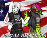 american_flag anthro antifa armor belt black_body black_fur blood bodily_fluids buckteeth clothed clothing dialogue duo eyebrow_through_hair eyebrows flag flag_background fully_clothed fur furgonomics gesture grabbing green_body green_eyes green_fur hair hand_gesture kerchief looking_at_viewer male multicolored_body multicolored_fur open_mouth pink_hair pointing pointing_up police police_baton police_brutality police_officer police_uniform politics sharp_teeth shirt smile smirk sparklefur symbol teeth text topwear translucent translucent_hair uniform united_states_of_america white_body white_fur white_hair codeine antifaschistische_aktion zack_(thezackrabbit) canid canine lagomorph leporid mammal rabbit 2017 digital_media_(artwork) english_text unavailable_at_source