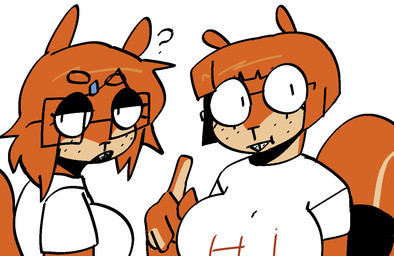 anthro big_breasts breasts clothed clothing duo eyewear female female_anthro freckled_face freckles fur glasses hair narrowed_eyes orange_body orange_fur orange_hair orange_tail question_mark rectangular_glasses round_glasses simple_background tail wearing_glasses white_background white_body xarop77 mammal rodent sciurid tree_squirrel 2025