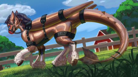 ambiguous_gender bridle clothing costume farm feral hooves horse_costume latex latex_clothing latex_skinsuit looking_at_viewer outside plant skinsuit solo tail tight_clothing wings wings_tied jaribka mythology cheryl_(hunter12396) dragon mythological_creature mythological_scalie scalie digital_media_(artwork)