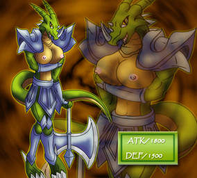 armor axe breasts female green_body green_skin melee_weapon nude solo tail weapon yellow_eyes venjix325 konami yu-gi-oh! garoozis duel_monster