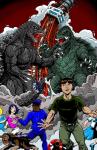 black_body black_hair black_scales blonde_hair blue_hair brown_body brown_fur clothing female fight fur green_body green_scales hair hat headgear headwear male open_mouth red_eyes scales school_uniform shell tower uniform yellow_eyes kaijuverse gamera_(series) godzilla_(series) toho gamera_(character) godzilla canid canine canis dinosaur domestic_dog human mammal monster prehistoric_species reptile scalie turtle absurd_res hi_res