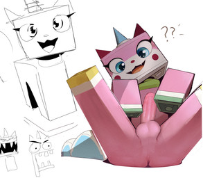 1_horn anus balls blocky blue_eyes butt crossgender femboy feral ftm_crossgender genitals horn lego_brick looking_at_viewer male nude open_mouth open_smile penis pink_body question_mark simple_background smile smiling_at_viewer solo toony white_body twang lego the_lego_movie unikitty domestic_cat felid feline felis hybrid mammal 2023 hi_res multiple_images