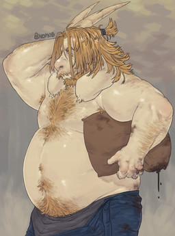 anthro arm_hair armpit_hair beard belly belly_hair biceps blonde_hair body_hair chest_hair facial_hair fur hair hand_behind_head happy_trail horn long_ears male mature_male musclegut muscular muscular_anthro muscular_male nipples overweight overweight_male solo white_body white_fur nauthynomus undertale_(series) asgore_dreemurr bovid caprine goat mammal absurd_res hi_res