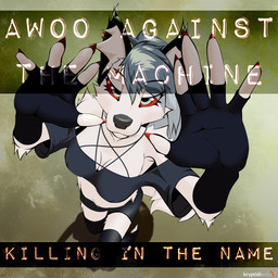 album album_cover_parody anthro biped blue_hair colored_nails ear_piercing female female_anthro fur hair multiple_piercings nails piercing red_eyes red_nails simple_background solo text_box white_body white_fur kryptidikettu hellaverse helluva_boss mythology rage_against_the_machine loona_(helluva_boss) canid canid_demon canine demon hellhound mammal mythological_canine mythological_creature 1:1 cel_shading digital_media_(artwork) hi_res shaded soft_shading watermark