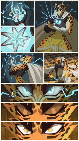anthro armor awed blinking blinking_at_viewer blue_eyes bodily_fluids bottomwear breasts checkerboard_floor cheek_tuft clenched_teeth cloak close-up clothing comic_panel dark_eyelids detailed_background dipstick_tail ears_down electricity electricity_manipulation elemental_manipulation eye_color_transformation eyebrows eyes_closed eyewear facial_tuft fangs female frown fur glowing glowing_eyes grabbing_hand grimace high-angle_view high_collar holding_object inside kneeling kneeling_on_ground leopard_spots lightning_bolt loincloth long_eyebrows low-angle_view magic magic_light magic_user markings midriff orange_body orange_fur pivoted_ears pupils rear_view shadow side_view slit_pupils solo spots standing sweat tail tail_markings teeth tuft unconvincing_armor wall_(structure) wraps yellow_body yellow_eyes yellow_fur hiverdose lieren_(last_fables) felid leopard mammal pantherine absurd_res comic digital_media_(artwork) hi_res
