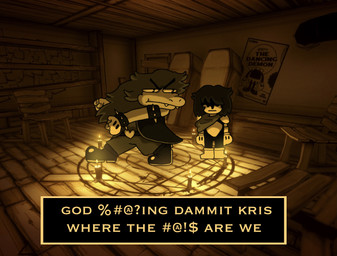 angry anthro armband bracelet clothed clothing duo female gloves handwear humor jewelry male parody screencap screencap_background spiked_armband spiked_bracelet spikes style_emulation text text_box rat_wacky bendy_and_the_ink_machine deltarune kris_where_are_we undertale_(series) kris_dreemurr susie_(deltarune) dinosaur human mammal prehistoric_species reptile scalie 2021 english_text hi_res meme