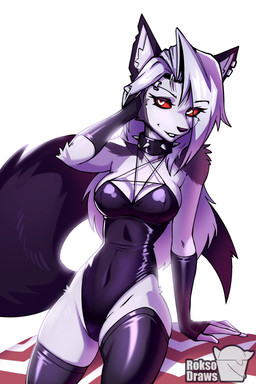 anthro arm_tuft breasts clothing collar collarbone ear_piercing ear_ring elbow_tuft eyebrow_piercing eyebrow_ring eyebrows eyelashes facial_piercing female fingerless_gloves fur gloves grey_body grey_fur hair handwear inner_ear_fluff legwear leotard navel_outline piercing red_sclera ring_piercing shoulder_tuft solo spiked_collar spikes thigh_highs tuft white_body white_fur white_hair roksodraws hellaverse helluva_boss mythology loona_(helluva_boss) canid canid_demon canine demon hellhound mammal mythological_canine mythological_creature 2026 2:3