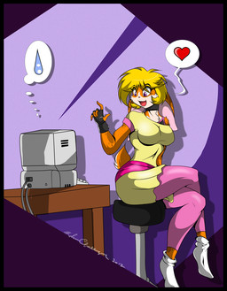 1980s_theme 80s_clothing anthro big_breasts blonde_hair bodily_fluids breasts clothing computer crossed_legs electronics female floppy_ears footwear fur furniture gaming gloves hair handwear heart_symbol lop_ears mall_bangs orange_body orange_fur playing_video_game small_waist socks solo stool sweat sweatdrop mastergodai tangobunny lagomorph leporid mammal rabbit 2012 hi_res