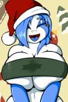 big_breasts blue_hair breasts christmas_clothing christmas_headwear christmas_tree clothing eyes_closed female hair hat headgear headwear holidays navel not_furry open_mouth plant santa_hat solo tongue tree conditional_dnp quin-nsfw christmas jet_(quin_nsfw) 2:3 absurd_res digital_media_(artwork) hi_res