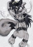 anthro bdsm bondage bondage_gear bound chain claws collar cuff_(restraint) cute_fangs eye_patch eyewear fangs feathered_wings feathers featureless_crotch female flat_chested fluffy fluffy_tail front_view hair halo harness heart_eye_patch heart_tag horn leather leather_cuffs leather_harness long_hair long_tail looking_at_viewer lying nude nude_anthro nude_female on_back pattern_background pawpads paws raised_paw restraints simple_background smile solo sparkles tail teeth tongue tongue_out wings somberpaw virgil_(somberpaw) angel canid canine canis mammal wolf 2024 digital_drawing_(artwork) digital_media_(artwork) hi_res trans_(lore) trans_man_(lore)