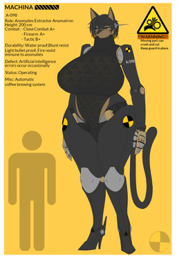 anthro armor big_breasts black_body black_hair border breastplate breasts brown_body brown_fur female fur glowing glowing_eyes hair information_label joints looking_at_viewer markings number_on_body robotic_arm short_hair simple_background solo standing tail tall_female text thick_thighs triangle_(shape) white_border 9live machina_(9live) domestic_cat felid feline felis humanoid mammal robot_anthro hi_res