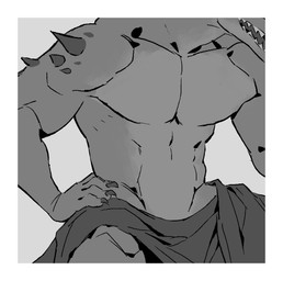 anthro arm_spikes border claws clothed clothing countershade_face countershade_neck countershade_torso countershading finger_claws front_view grey_background hand_on_hip hand_on_own_hip male mouth_closed open_mouth pose shoulder_spikes simple_background snout solo spikes spikes_(anatomy) teeth tongue_showing topless topless_anthro topless_male torso_shot white_border kingarthur_i ambiguous_species 2024 digital_drawing_(artwork) digital_media_(artwork) greyscale hi_res monochrome portrait three-quarter_portrait