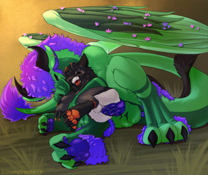 anal anthro bite bodily_fluids claws duo feral fluffy genital_fluids horn male male/male outside pawpads precum size_difference shimmydraws mythology dragon mythological_creature mythological_scalie scalie wickerbeast absurd_res hi_res