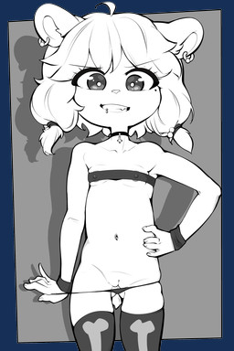 anthro areola biped breasts butt butt_from_the_front clothed clothing ear_piercing ear_ring eyelashes female front_view genitals hair hand_on_hip legwear loli navel nipple_outline panties piercing pupils ring_piercing small_breasts smile solo thick_thighs thigh_highs underwear vulva young sicmop bear mammal 2:3 absurd_res alpha_channel hi_res