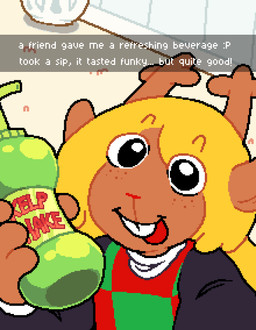 anthro antlers beverage blonde_hair buckteeth checkered checkered_clothing checkered_topwear clothing female freckled_face freckles hair holding_beverage holding_object horn imminent_transformation kelp kelp_shake open_mouth open_smile pattern_clothing pattern_topwear red_nose smile solo teeth text topwear asepriterico deltarune nickelodeon snapchat spongebob_squarepants undertale_(series) noelle_holiday deer mammal new_world_deer reindeer absurd_res english_text hi_res