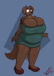 anthro arm_tattoo belly_overhang big_breasts breasts cleavage cleavage_overflow clothed clothing dress female huge_breasts overweight overweight_female shocked solo tattoo lonnyk mik_(lonnyk) bird_dog canid canine canis domestic_dog hunting_dog labrador mammal retriever hi_res