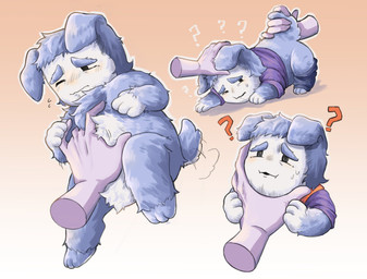 anthro belly belly_rub blush bodily_fluids bottomwear bottomwear_down butt_rub clothed clothing confusion crotch_tuft embarrassed eyebrows floppy_ears fluffy folded_ears fur gradient_background grey_body grey_fur head_tuft holding_chin holding_tail male markings nude pants pants_down parted_lips partially_clothed paws petting question_mark shirt simple_background spiral_pupils stubble sweat sweatdrop tail tail_motion tailwag thick_eyebrows topwear tuft white_markings kong_0226 deltarune undertale_(series) ramb_(deltarune) darkner plugboy hi_res multiple_images