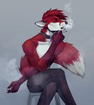 5_fingers anthro cigarette clothed clothing collar ear_piercing ear_ring eyebrows eyelashes fingers fur hair male piercing purple_eyes purple_sclera red_body red_fur red_hair ring_piercing smoke smoking solo plgdd asher_the_firefox canid canine fox mammal red_fox true_fox 2020 digital_media_(artwork) hi_res