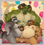 anthro anthro_on_anthro arm_tattoo balloon balls belly between_bellies big_belly big_pecs biped black_nipples blue_nipples blue_tongue blush blush_stickers brown_body brown_fur brown_horn brown_mane confetti erection eyes_closed facial_hair fur genitals goatee green_body green_scales grey_body grey_fur group hair hand_on_shoulder happy horn huge_belly humanoid_genitalia humanoid_penis inflatable larger_male licking licking_lips licking_own_lips male male/male male_anthro mane multicolored_body multicolored_fur muscular muscular_anthro muscular_male navel nipple_piercing nipple_ring nipples nude open_mouth open_smile overweight overweight_anthro overweight_male party pecs penis piercing pink_nipples ring_piercing scales side_view sitting size_difference smaller_male smile spade_tail tail tan_body tan_fur tattoo teeth tongue wrist_tattoo marlon.cores mythology marlon_(marlon.cores) bovid caprine dragon felid lion mammal mythological_creature mythological_scalie pantherine procyonid raccoon scalie sheep 2024 absurd_res digital_media_(artwork) hi_res