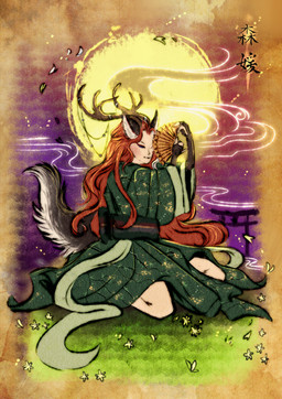 asian_clothing clothing east_asian_clothing female horn japanese_clothing kimono magic_user moon princess royalty solo tail text witch thehavanawolf capcom okami_(capcom) animal_humanoid canid canine deer fox humanoid mammal absurd_res hi_res japanese_text
