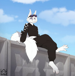 4_toes albino anthro barefoot black_clothing bottomwear bow_(feature) bow_ribbon bow_topwear cast_shadow cheek_tuft claws clothed clothing cloud cropped_hoodie crossed_legs day digitigrade eye_through_hair eyebrow_through_hair eyebrows eyewear eyewear_on_head facial_tuft feet female fence finger_claws fluffy fluffy_tail foot_tuft fully_clothed fur glasses glasses_on_head hair heel_tuft hood_down logo low-angle_view on_fence outside pants purple_eyes ribbon_clothing short_hair sitting sky smile solo spread_toes tail text three-quarter_view toe_claws toes translucent translucent_hair tuft white_body white_claws white_fur white_hair white_tail kochack albi_sqirl mammal rodent sciurid tree_squirrel 2026 absurd_res artist_logo artist_name digital_media_(artwork) hi_res shaded