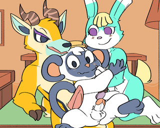 anthro balls bed black_body black_fur blush eyeshadow foreskin fur furniture genitals group group_sex horn humanoid_genitalia humanoid_penis inside lamp lounging lying makeup male male/male on_back on_bed orange_body orange_fur penis purple_eyes purple_eyeshadow retracted_foreskin sex smile tapering_penis teal_body teal_fur threesome trio white_body white_fur mousesix animal_crossing nintendo lopez_(animal_crossing) niko_(animal_crossing) sasha_(animal_crossing) antelope bovid gazelle haplorhine lagomorph leporid mammal monkey primate rabbit thomson's_gazelle true_antelope 2025 5:4 hi_res