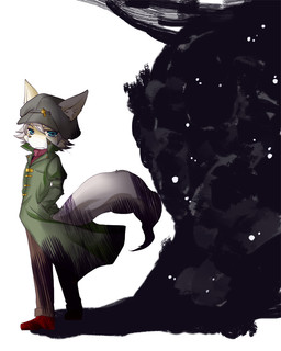 abstract_background anthro biped blue_eyes bottomwear clothed clothing coat cross footwear furgonomics hat headgear headwear looking_at_viewer male pants shoes simple_background solo standing tail topwear shinobe canid canine fox mammal 4:5