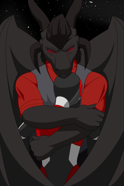 4_horns ambiguous_gender anthro black_body black_hair clothed clothed_anthro clothed_male clothing drone duo hair horn hug male membrane_(anatomy) membranous_wings multi_horn red_eyes skinsuit tight_clothing wings gridbull mythology teddy_(ravenmaster) dragon humanoid mythological_creature mythological_scalie scalie 2026 hi_res
