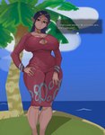 big_breasts blue_eyes blue_hair breasts cleavage clothed clothing dark_body dark_skin dialogue dress eyelashes female hair hand_on_hip huge_breasts humanoid_pointy_ears island looking_at_viewer not_furry palm_tree pink_clothing pink_dress plant pointy_ears sea solo talking_to_viewer text text_box thick_thighs tree water wide_hips sunzo05 nintendo the_legend_of_zelda wind_waker sue-belle humanoid hylian english_text hi_res