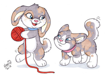 ambiguous_gender anthro ball_of_yarn blue_collar blue_eyes chibi collar digitigrade duo eye_contact eyelashes feet feral floppy_ears freckled_face freckles fur grey_body grey_fur hindpaw holding_yarn looking_at_another lop_ears nude on_one_leg paws pink_collar pink_nose raised_tail red_tongue semi-anthro simple_background smile_lines standing tail tan_body tan_fur tongue white_background white_body white_fur white_inner_ear yarn marci_mcadam domestic_cat felid feline felis hybrid lagomorph leporid mammal rabbit 2013 marker_(artwork) shaded traditional_media_(artwork)