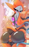 2021 absurd_res anus ashraely attack_forme_deoxys big_breasts biped blue_eyes blush bodily_fluids breasts butt clothing colored curvy_figure demi_(ashraely) deoxys digital_drawing_(artwork) digital_media_(artwork) female generation_3_pokemon genital_fluids genitals hi_res horn huge_breasts humanoid legendary_pokemon looking_at_viewer mammal metallic_body mouthless nintendo nipples nude pokemon pokemon_(species) pokemorph pussy raised_tail rear_view red_body simple_background solo tail tentacles text thick_thighs vaginal_fluids voluptuous wide_hips