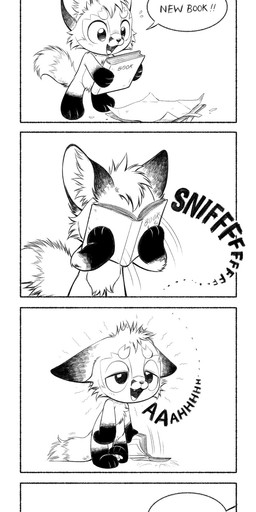 anthro book chibi dialogue fangs featureless_crotch fur head_tuft male open_mouth pawpads sniffing solo speech_bubble teeth text trash_can tuft silverfox5213 2025 absurd_res black_and_white comic english_text hi_res monochrome