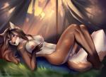 anthro areola black_nose breasts brown_body brown_fur female fur genitals lying navel nipple_dip nipples nude on_back purple_eyes pussy solo felicia_cat gillian canid canine mammal 2018 digital_media_(artwork) hi_res