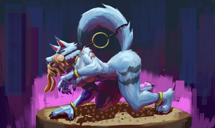 anthro bdsm bondage bound breasts female fur gag looking_at_viewer museum nude on_display restraints solo tail monduck renira canid canine mammal absurd_res hi_res