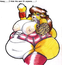 accessory anthro areola bell bell_collar belly big_areola big_breasts big_butt blue_eyes blush bodily_fluids breasts brown_hair butt clothing collar crying deep_navel female fur furgonomics hair huge_breasts jewelry lingerie multicolored_body multicolored_fur navel nipples obese obese_anthro obese_female open_mouth overweight overweight_anthro overweight_female ring solo tail tail_accessory tail_jewelry tail_ring tears text two_tone_body two_tone_fur danellz kathy_(danellz) felid lion mammal pantherine 2006 english_text traditional_media_(artwork)