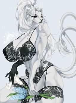 abs accessory anthro big_breasts black_bra black_clothing black_lipstick black_nose black_underwear blue_eyes bra breasts clothing ear_piercing eyebrows eyelashes female flower fur garter_straps hair hair_accessory hairband half-closed_eyes holding_flower holding_object huge_breasts lace lace_bra lace_panties legwear lingerie lipstick long_eyelashes long_hair looking_at_viewer makeup narrowed_eyes navel panties piercing plant ponytail solo stockings tail tail_tuft text thick_thighs thigh_highs tuft underwear white_body white_fur white_hair white_tail sugarmartens kincade felid lion mammal pantherine 2026 artist_name hi_res