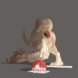 after_cloacal after_masturbation ambiguous_anthro ambiguous_gender animal_genitalia anthro ass_up bodily_fluids candy cloaca cloaca_juice cloaca_juice_string dessert feet food gaping gaping_cloaca genital_fluids genitals grey_background holding_head improvised_sex_toy lollipop lying on_front orange_pupils pupils raised_leg raised_tail simple_background soles tail tongue tongue_out yellow_eyes neemyart lizard reptile scalie 2021 hi_res