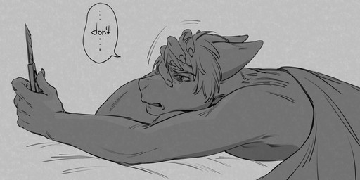 anthro bared_teeth bedding blanket ears_back hair lying male male_anthro narrowed_eyes nude on_front pivoted_ears self-harm short_hair side_view simple_background solo speech_bubble text under_blanket cobu canid canine mammal english_text monochrome