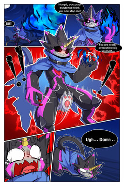 anthro attack ballbusting black_body black_sclera blush cape claws clothing cock_and_ball_torture codpiece crotch_attack crotch_kick genital_torture glowing glowing_eyes horn kick male pain pained_expression pink_eyes shaking stinger stinger_tail tail text trembling xxprcmngopiksfl bandai_namco digimon digimon_ghost_game digimon_(species) gammamon gulusgammamon comic english_text hi_res