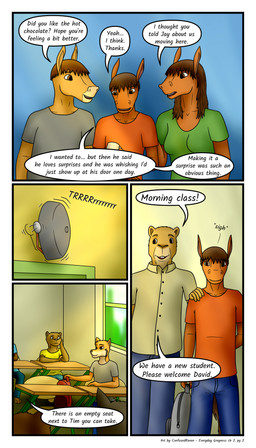 adolescent anthro border bulge classroom dialogue female male school teacher text white_border young confusedraven dave_(confusedraven) tim_(confusedraven) bear canid canine capybara caviid equid equine fox horse mammal rodent 4:7 absurd_res comic english_text hi_res father_(lore) mother_(lore) parent_(lore) son_(lore)